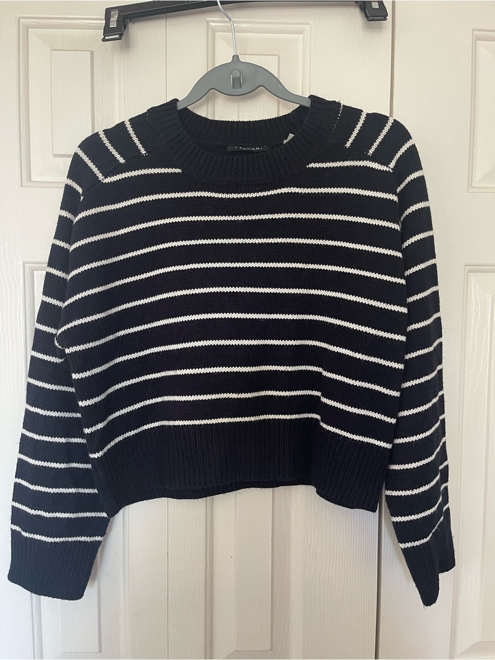 T Tahari Black and White Striped Crewneck Sweater